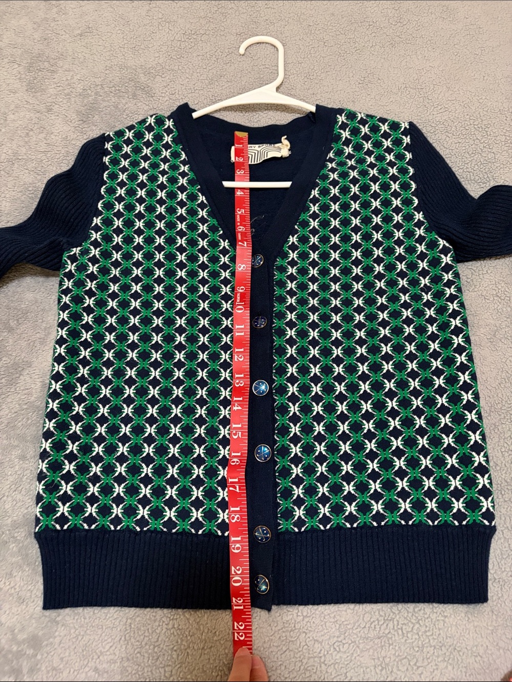 Tory Sport Navy Cardigan with Green & White Geometric Front - Picture 6 of 7